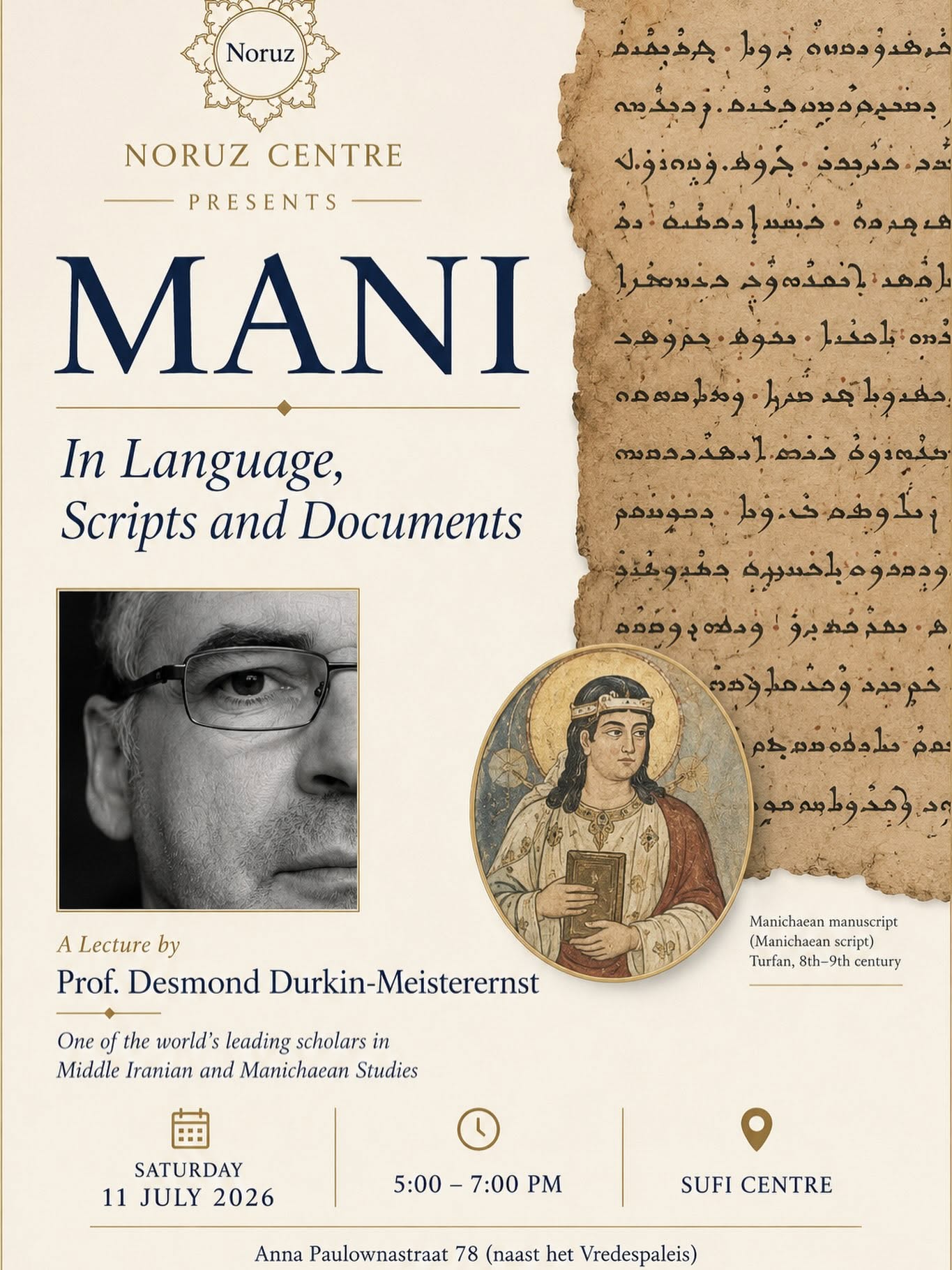 Noruz Centre lecture poster: Mani, In Language, Scripts and Documents